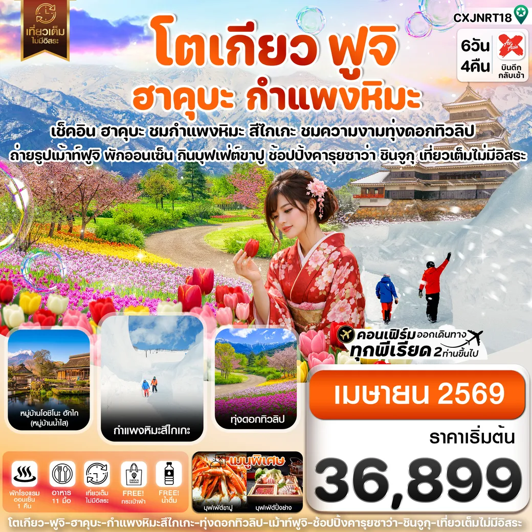 ทัวร์ญี่ปุ่น โตเกียว ฮาคุบะ สึไกเกะกำแพงหิมะ ทิวลิป เที่ยวเต็มไม่มีอิสระ 6วัน 4คืน  (XJ)